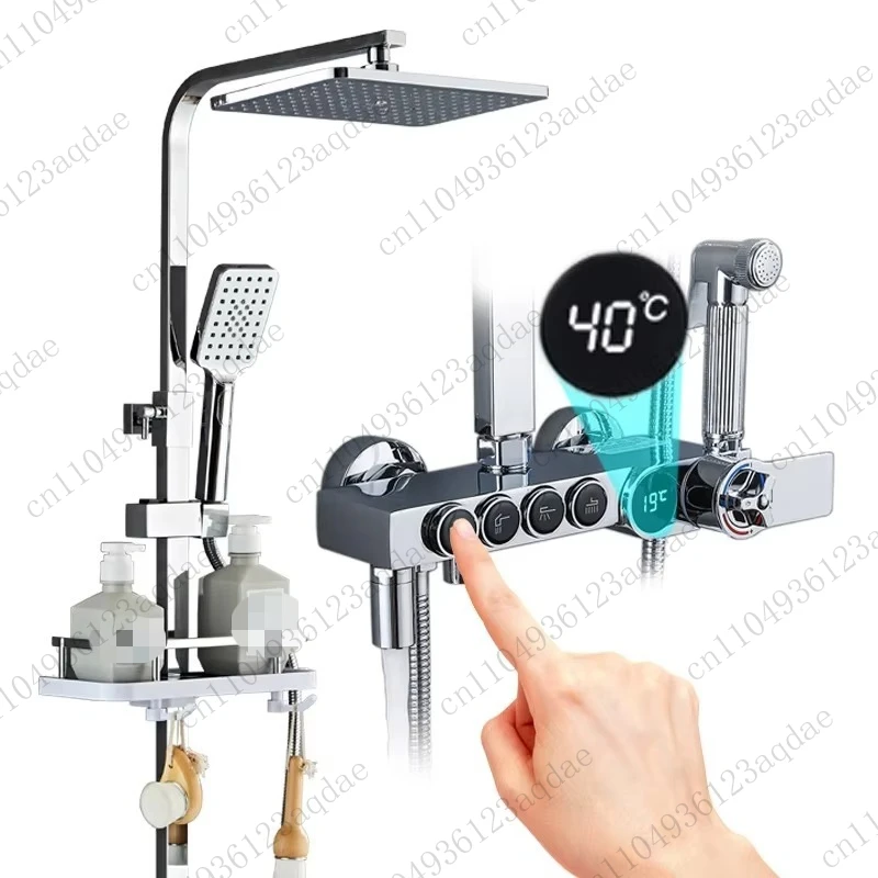 

Латунный душевой набор, роскошный серебряный светодиодный цифровой дисплей, 4-кнопочный смеситель, набор для душа, термостатический смеситель для душа