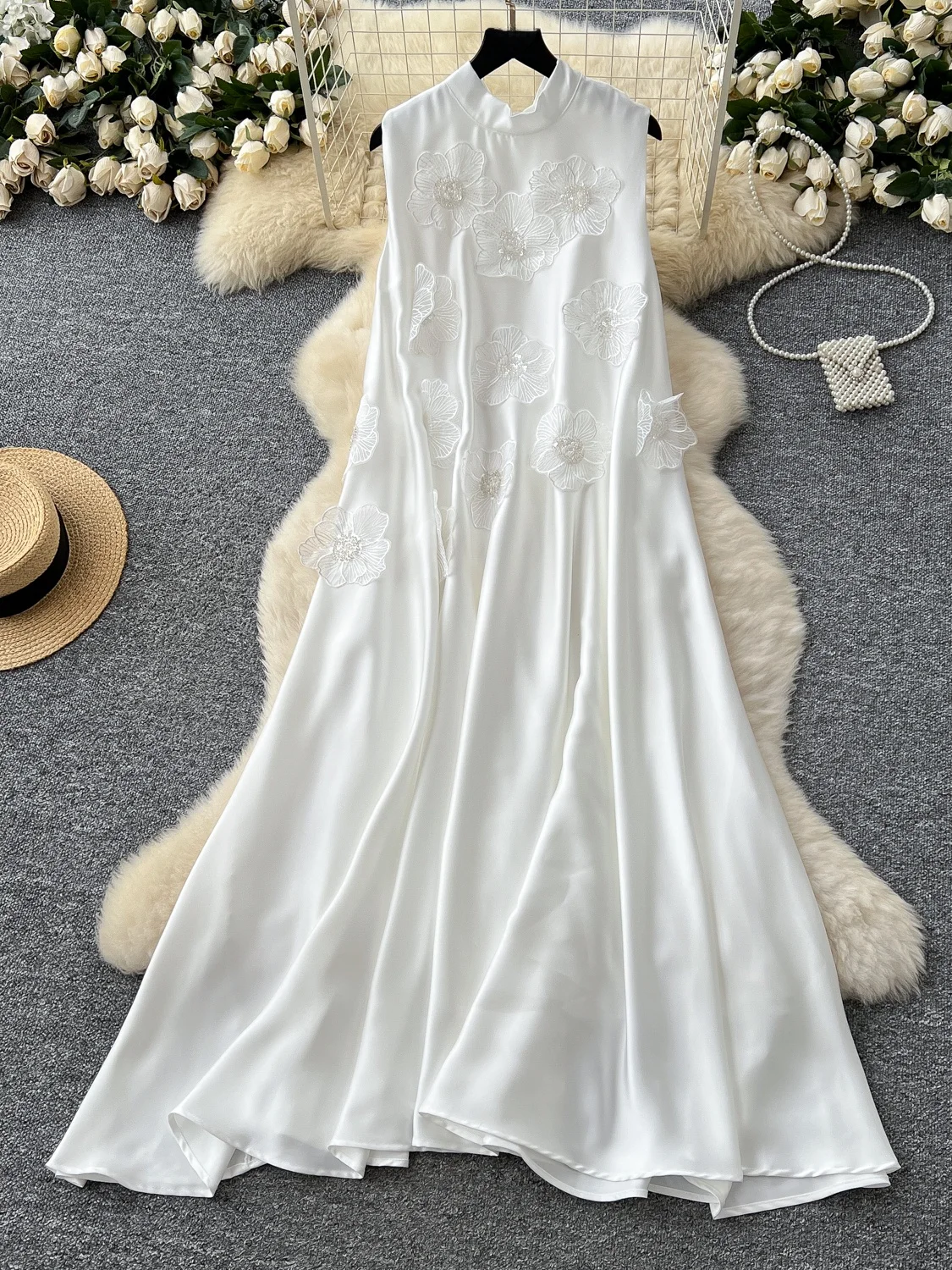 Ele Zware Verfraaid 3D Bloem Ronde Ne Svel Dr Vrouwen Losse Afslanken Satijnen Lange Rok Koreaanse Sle Hoge Taille