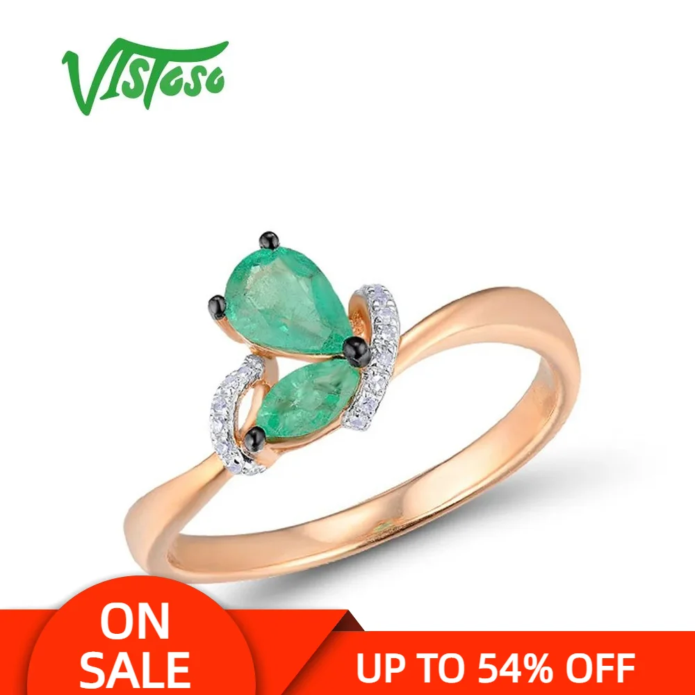 VISTOSO Gold Rings For Women Genuine 14K 585 Rose Gold Ring Magic Emerald Sparkling Diamond Engagement Anniversary Fine Jewelry