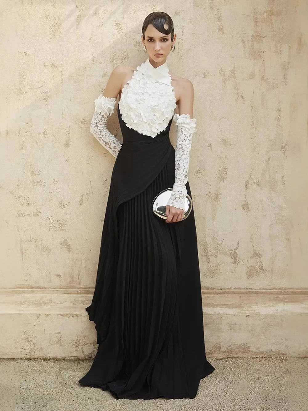 Modphy Sexy Black Halter Lace Flower Pleated Long Dress Backless Floor Length Tunic Elegant Dinner Party Evening Gowns