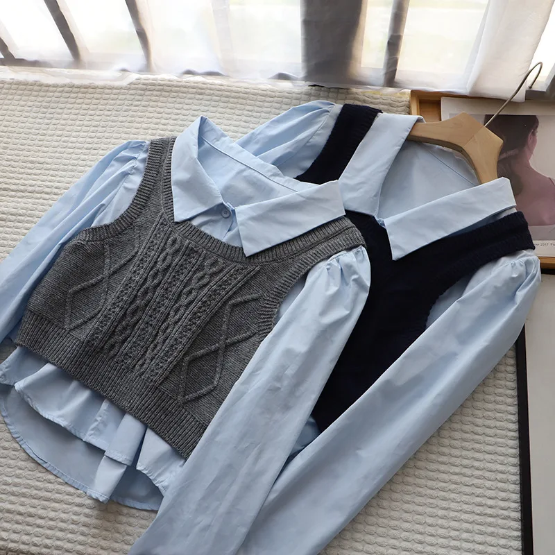 College Sle Long Sve Bubble irt Gilet lavorato a maglia Set due pezzi Autunno Nuova versione coreana Ele Top a strati irt