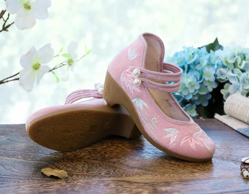 Women Ankle Button Strap Pumps Ethnic Embroidery Mary Jane Dress Shoes Mid Heel Cotton Fabric Espadrilles Vintage Sandals