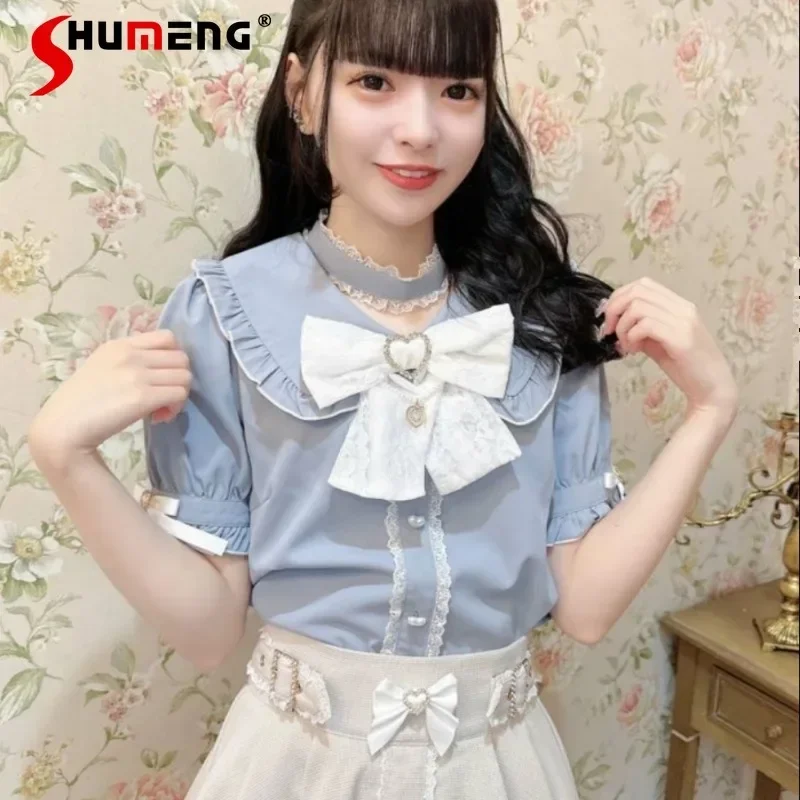 Japanese Lolita Style Versatile Exquisite Shirts Autumn Off-the-Shoulder Big Bow Wooden Ear Pleating Long Sleeved Cute Blouse