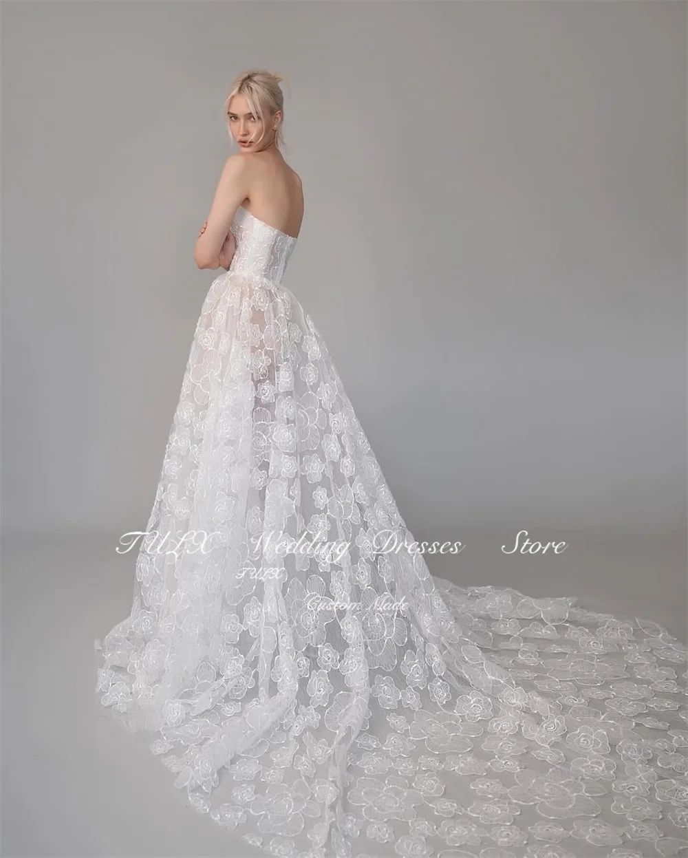 TULX Luxury Ivory Lace Wedding Dress Strapless Sleeveless Bridal Gowns A line Long Sweep Train Dress Robe De Mariée Customized
