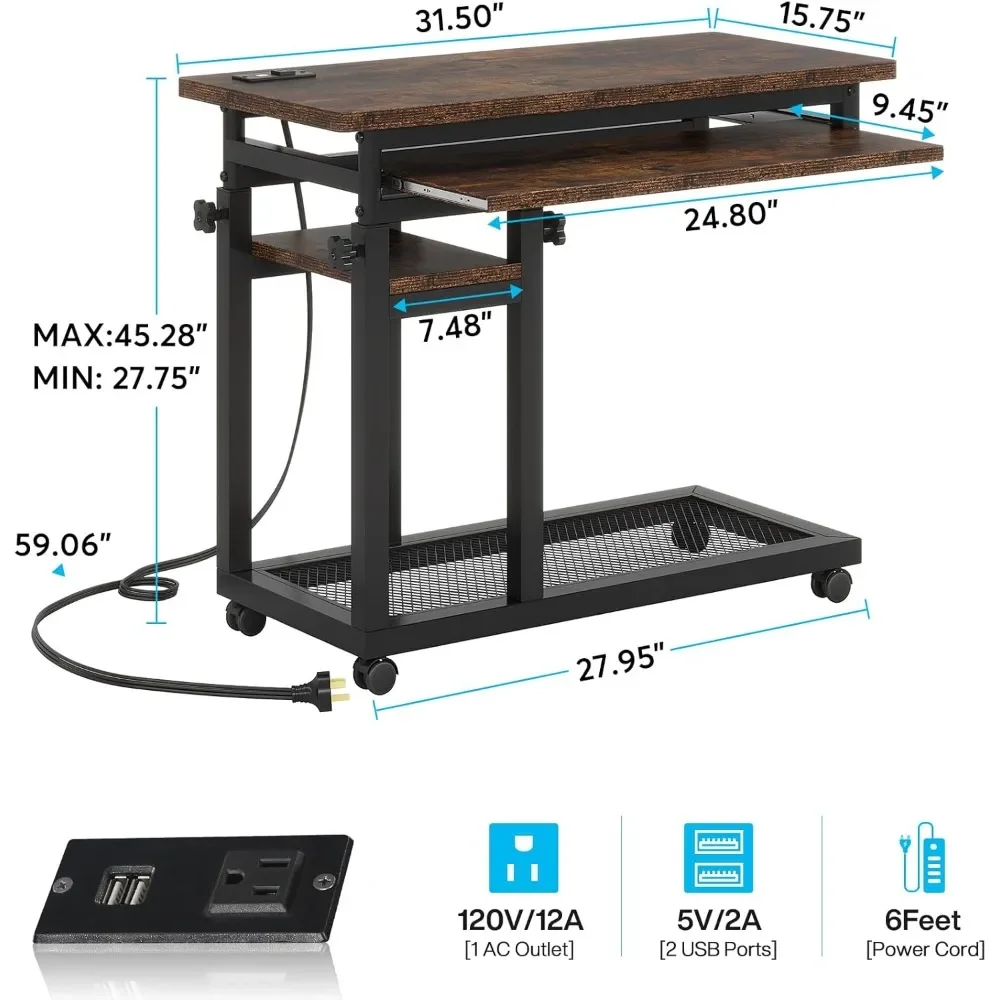 Small Portable Desk with Power Outlet, Height Adjustable Sofa Couch Bedside Laptop Table with Wheels, Mobile Standing