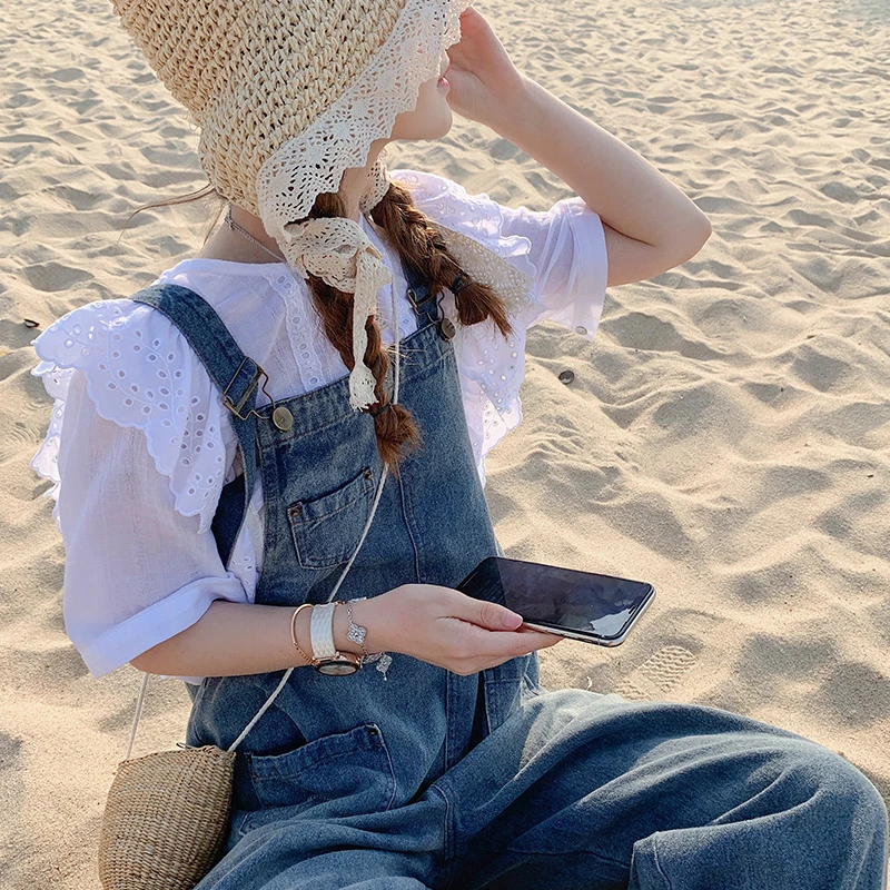 Damskie ogrodniczki dżinsowe vintage o luźnym kroju, na wiosnę i lato, modne, z wysokim stanem, metalowe, w kolorze błękitnym, postarzane, jasnoniebieskie, dziewięcioczęściowe.