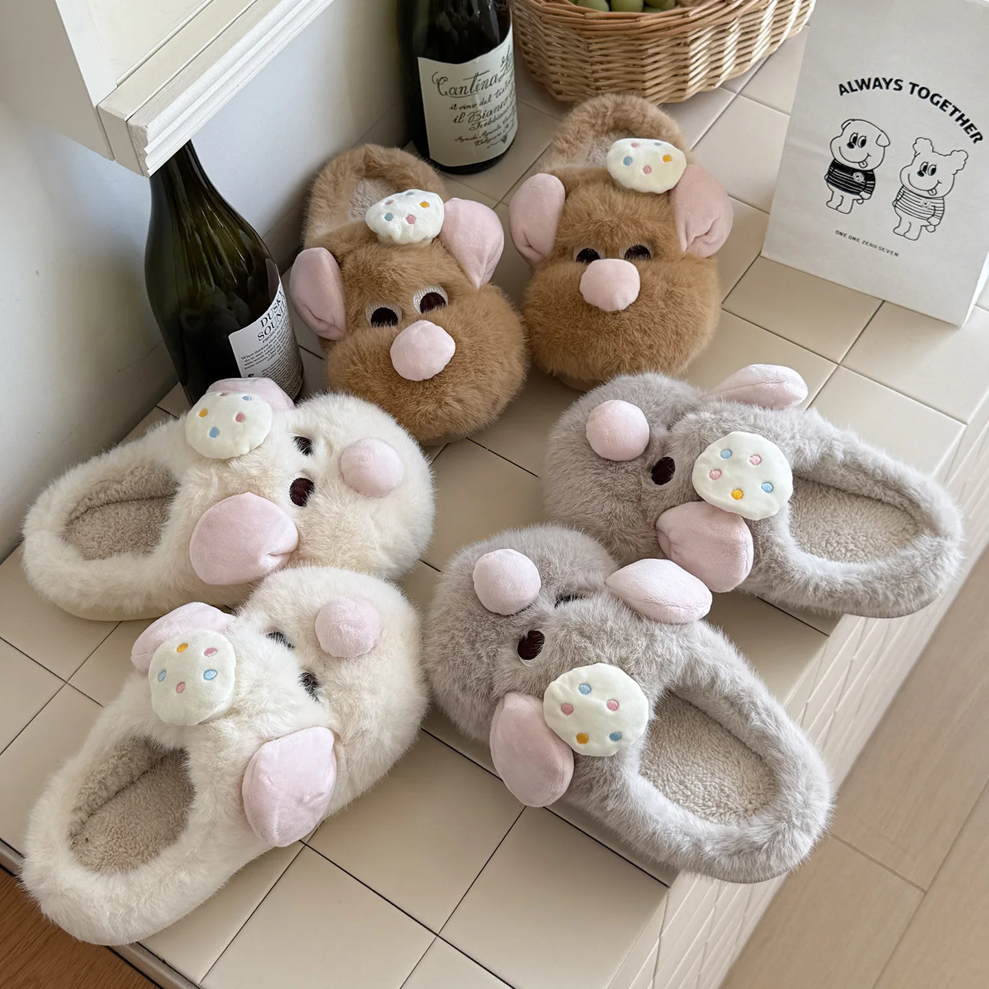 2026 New Autumn Winter Cute Little Mouse Plush Slippers For Women Warm Anti Slip Fuzzy Home Shoes Lovely Couple Cotton Slippers