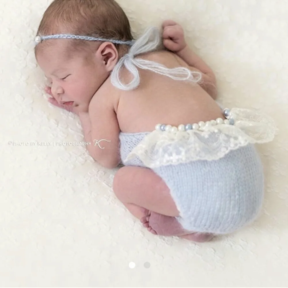 

Newborn Baby's Outfit Soft And Comfortable Mohair Lace Bodysuit With Pearl Decor For Baby Photo Shoot