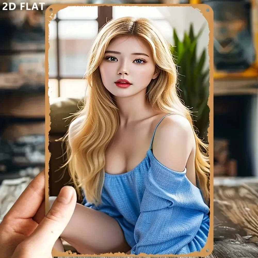 

Vintage Aluminum Art Sign Retro Blue Lady Metal Wall Decor for Home Bar Cafe