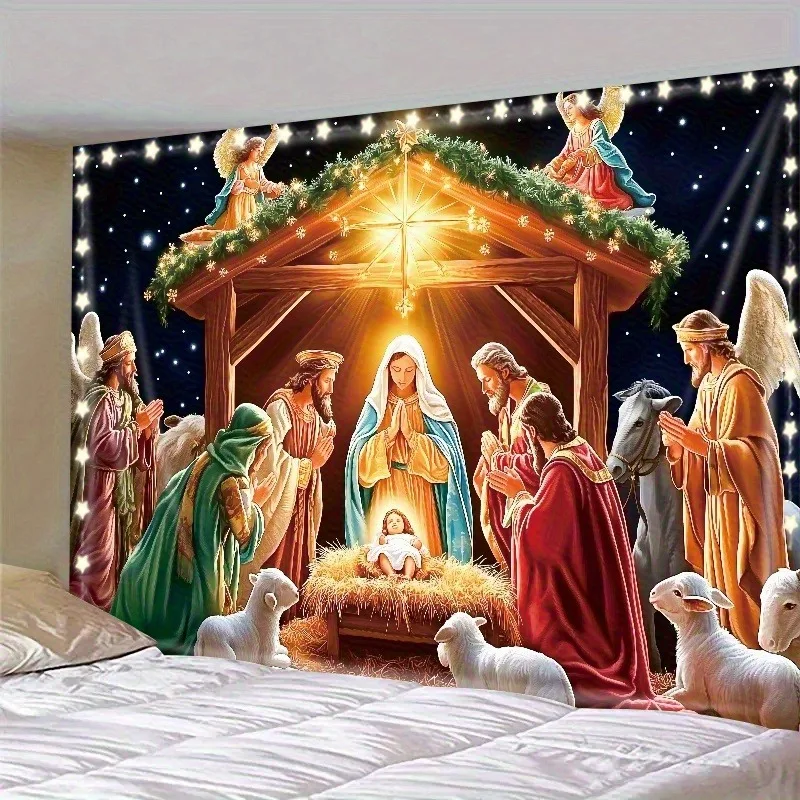 VIKAMA Christmas Living Room Tapestry, Rustic Wood Interior Tree Fire, Xmas Wall Hanging Decor for Home Bedroom Party