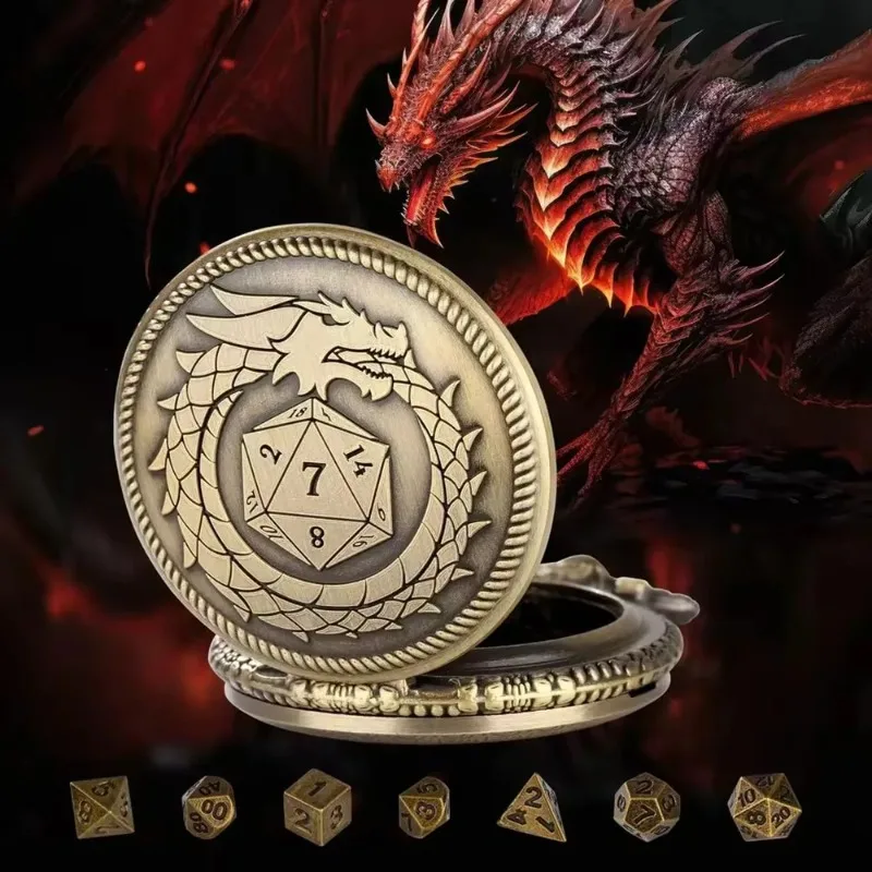 Retro Hammer Double Dragon DND Dice Jewelry Pocket Watch Case with 7pcs Metal Dice for Dungeons & Dragons RPG Dice Pendant