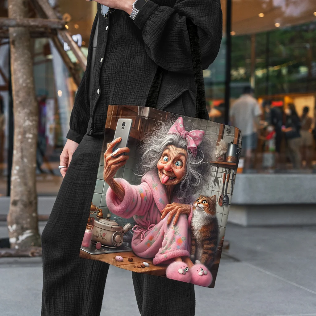 1pc Happy Grandma Bag, Enjoy the Elderly Life, Take a Selfie with a Cat, Spacious and Portable Shopping Bag