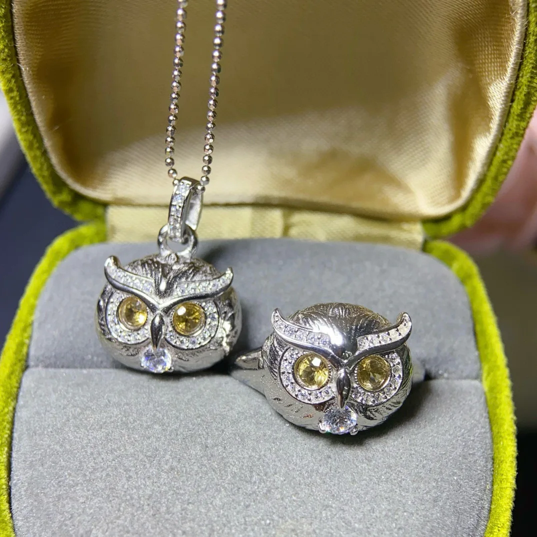 

Ожерелье с подвеской из стерлингового серебра с совой, кольцо из стерлингового серебра S925, инкрустированный натуральным драгоценным камнем, комплект ювелирных изделий