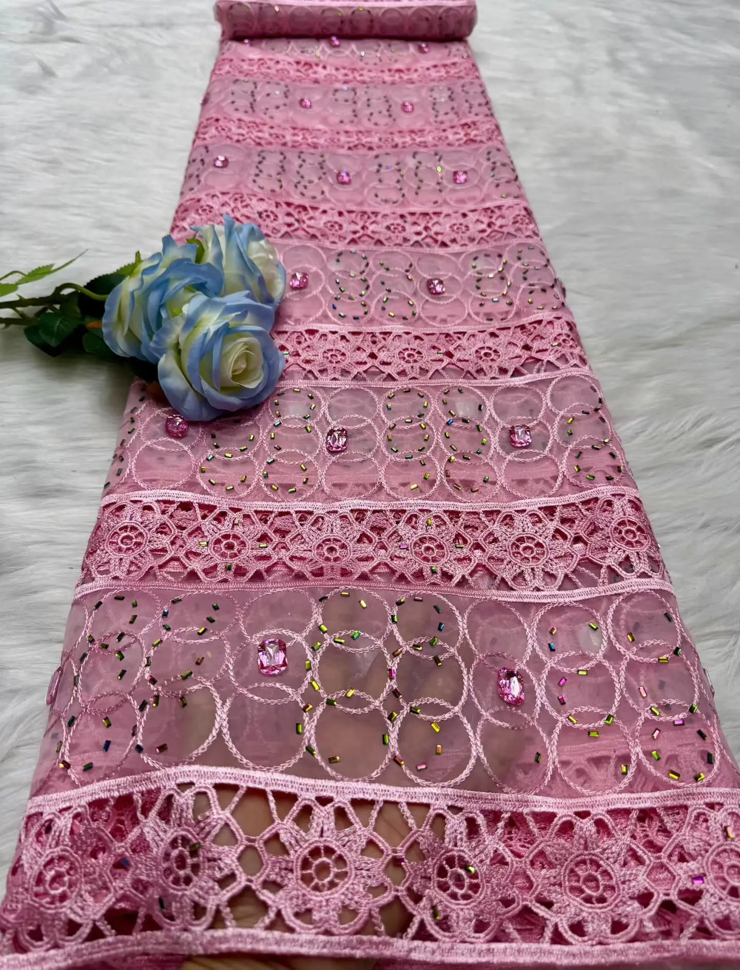 

Pink Swiss Voile Lace Fabric 3D Flower Applique with Stone for African Wedding Dress Sewing Luxury Cotton Material 5Yards H196-1