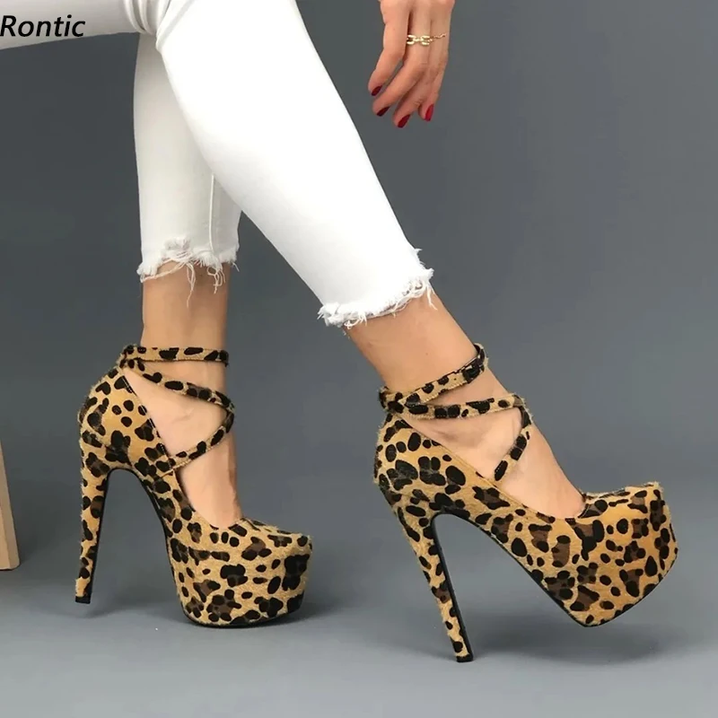 

Rontic/женские туфли-лодочки ручной работы на платформе с ремешками, пикантные туфли на шпильке с круглым носком, великолепные леопардовые туфли для ночного клуба, женские размеры США 5-20