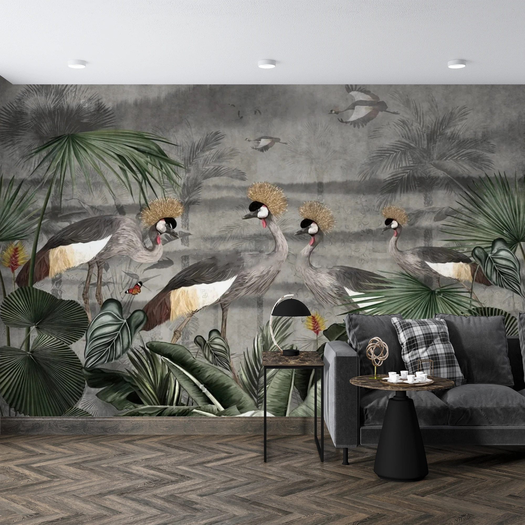 Milofi Custom Vintage Tropical Jungle Wall Mural Grey Crowned Crane Bird Palm Leaf Wallpaper for Living Room Home Wall Decor