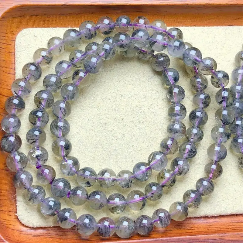 6MM Natural Black Auralite Triple Circle Bracelet Fashion Reiki Gemstone Round Beads Bracelets Jewelry Couple Gift 1PCS