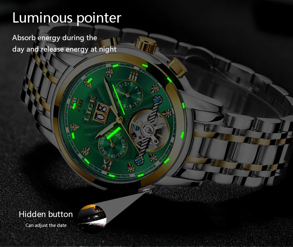 LIGE Automatic Watch for Men Top Original Luxury Skeleton Flywheel Mechanical Wristwatches Classic Calendar Business Man Watch