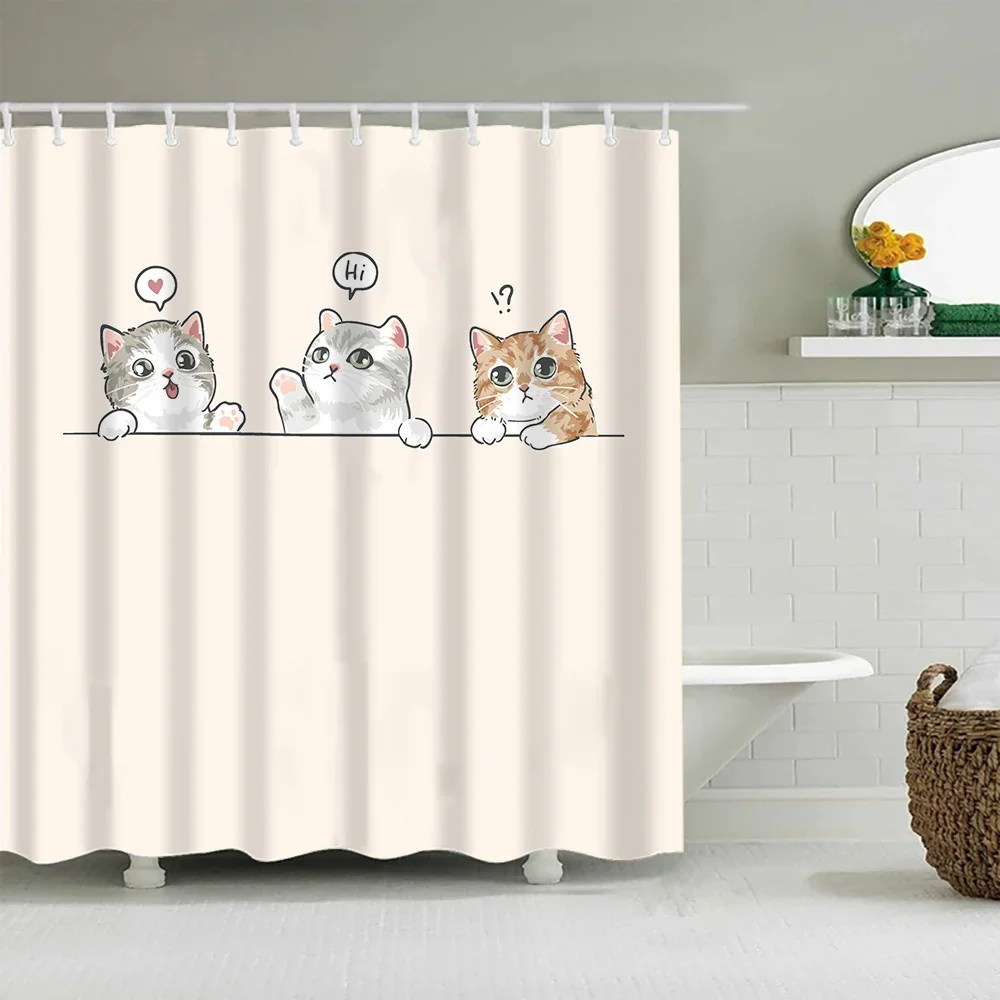 Puppy Cat Cute Cartoon Shower Curtains Washable Fabric Polyester For Bathtub Art Bathroom Decor Partition With Hooks Waterproof