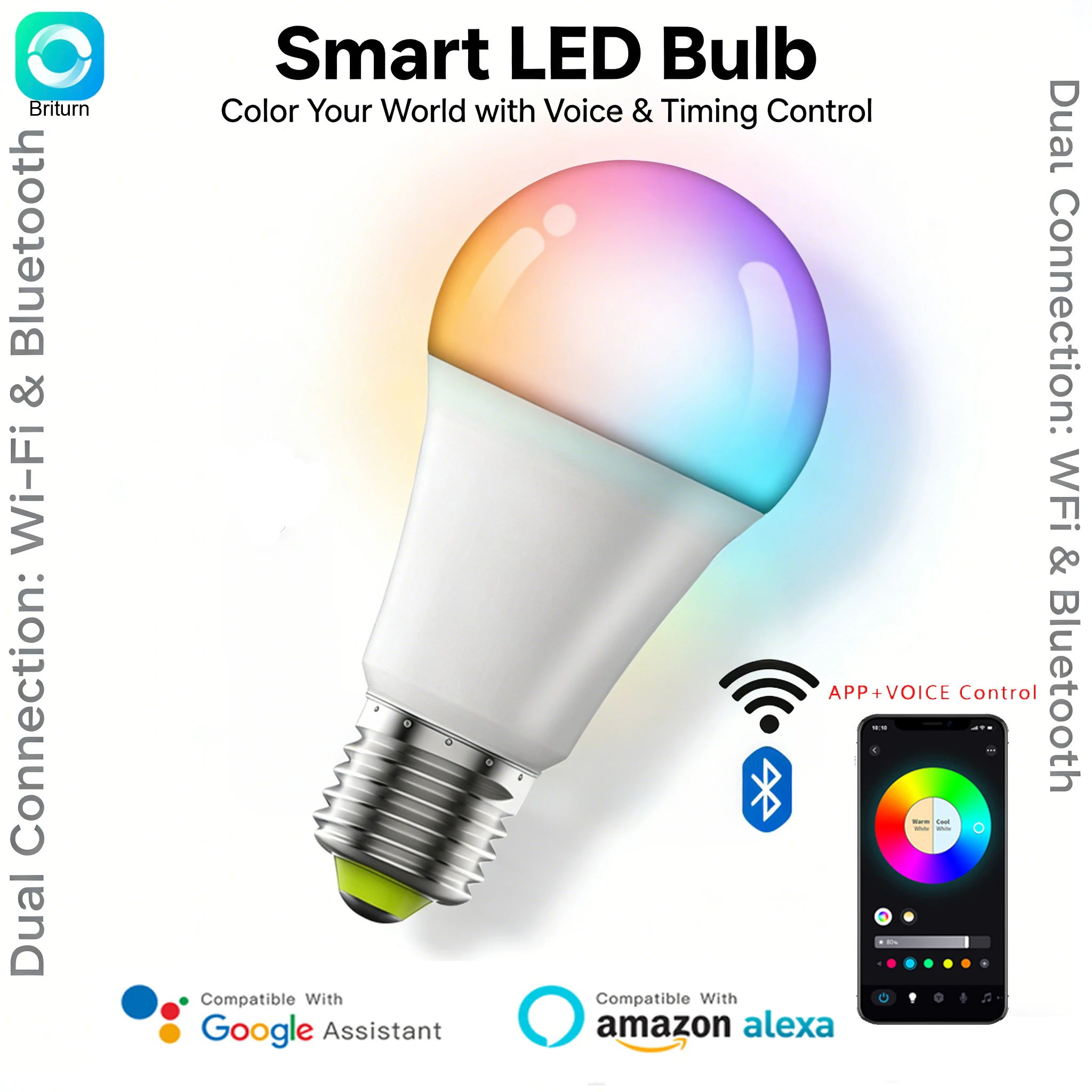 RGB Smart Light Smart LED Bulb WIFI Light E26 110V 9W LED Lamp 2700-6500k RGB APP Control for IOS Android Google Alexa Voice Con