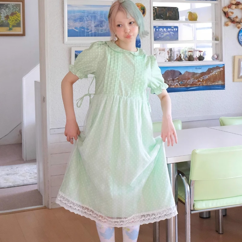 2025 New Spring And Summer Women's Fake Two-piece Long Dress Cute Doll Collar Green Polka Dot Japanese Sweet Thin Ladies Dresses