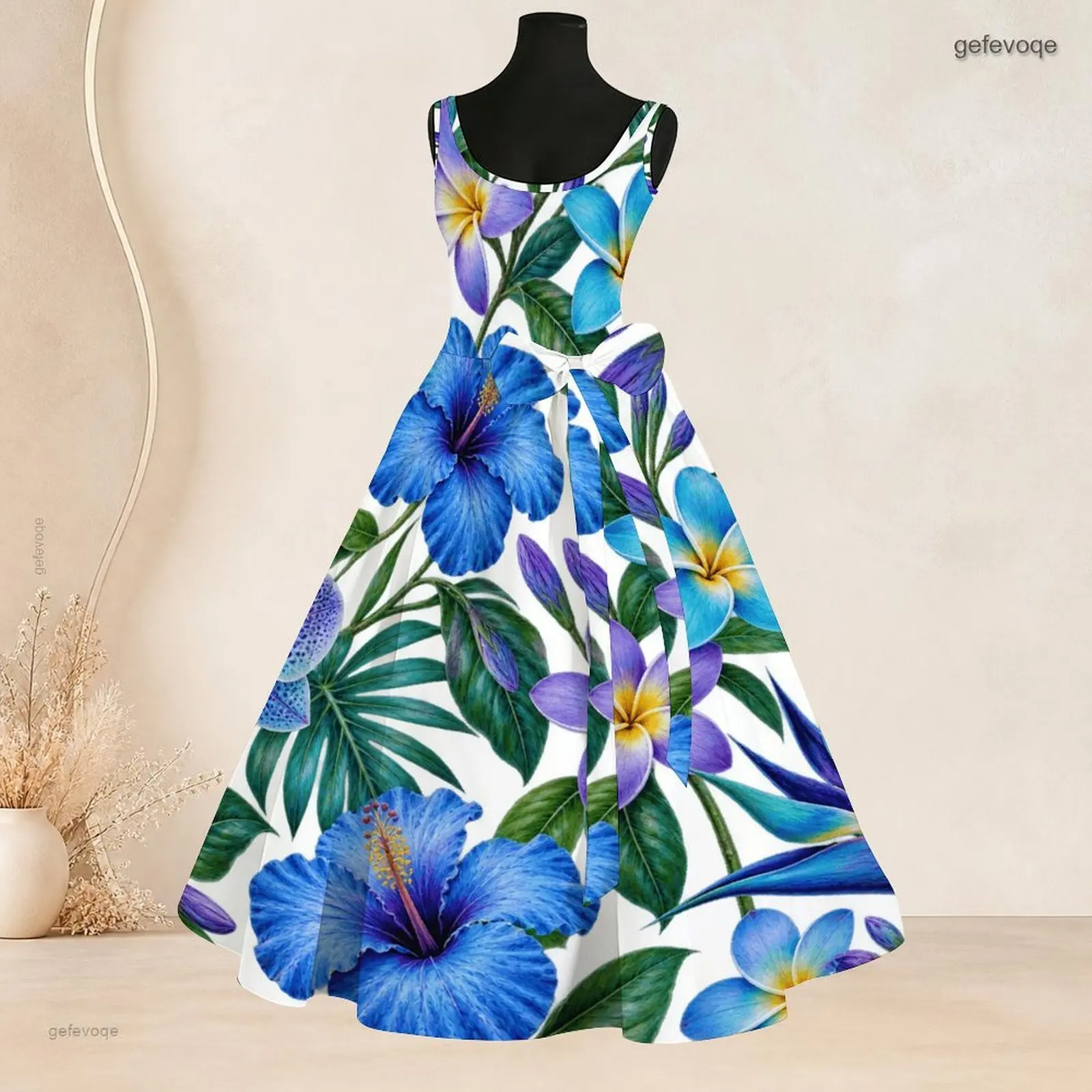 Women Sleeveless Round Neck A-Line Dress, Printed Tropical Floral Leaf Blue Hibiscus Plumeria Pattern Tie Waist Flared Dress