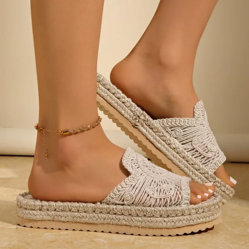 

New Linen Flower Decor Flip Flops Fashion Women Slides Flat Heel Outdoor Beach Summer Woman Slippers Ladies Shoes Plus Size 43