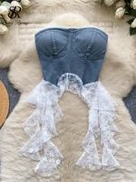 SINGREINY Lace Splice Denim Tops Female Strapless Sleeveless Elastic Slim Fit Camsiole Summer Streetwear Irregular Tank Tops - Image 3