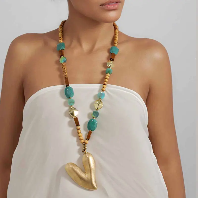 Statement-Boho-Perlen-Halskette mit Herz-Anhänger, handgefertigt für Frauen, Hochzeit, Party, Schmuck