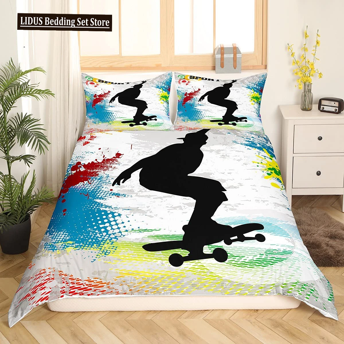 

Skateboard Duvet Cover Set Full Size For Boys Teens Extreme Sports Bedding Set Youth Comforter Cover Graffiti Style Duvet Cover