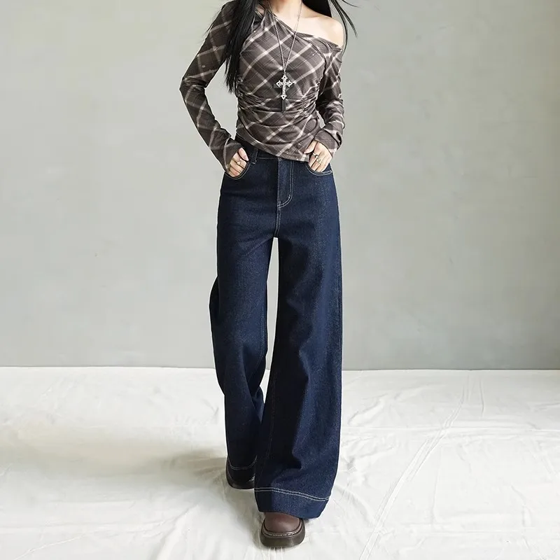 Deep Blue Wide Leg Micro Flared Denim Jeans Women's Autumn Winter New Style Slim High Waist Loose Not Legging Drapey Bell Pants