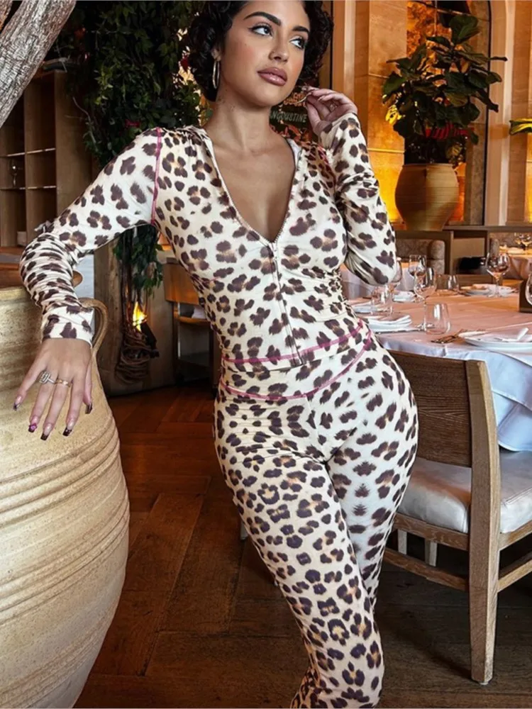 

Fashion New In Matching Sets 2 Pieces Set For Woman Two Piece Outfit Women's Clothing Cardigans Pants Solid Color Leopard Print