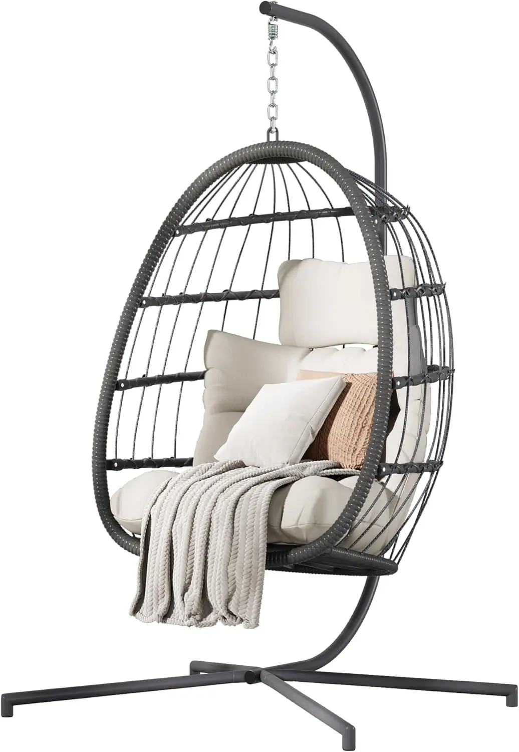

Hanging Egg Chair with Stand, Wicker Hammock Swing with Cushion for Indoor Outdoor (Beige)