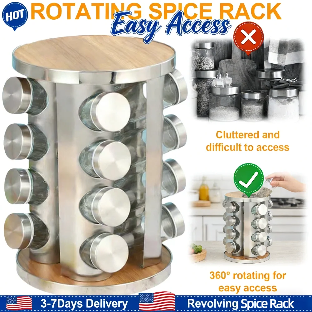 

Вращающаяся подставка для специй из нержавеющей стали на 16 банок, 360 градусов ° Вращающийся органайзер для приправ с 3-унцевыми стеклянными банками для кухонной столешницы или шкафа