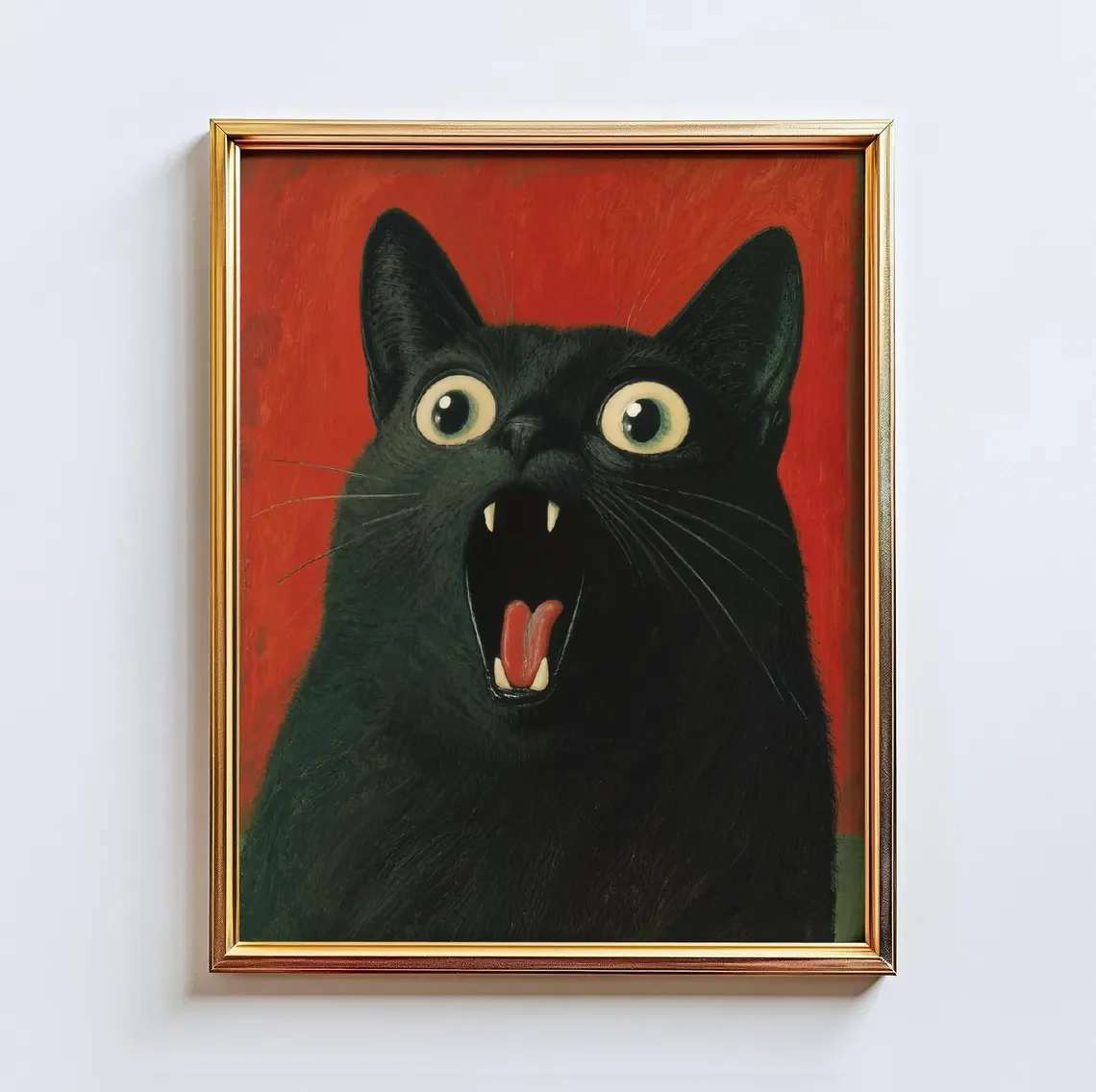 Retrato de gato negro vibrante, decoración de impresión de arte de pared, arte felino expresivo juguetón con fondo rojo audaz, una torta de declaración peculiar