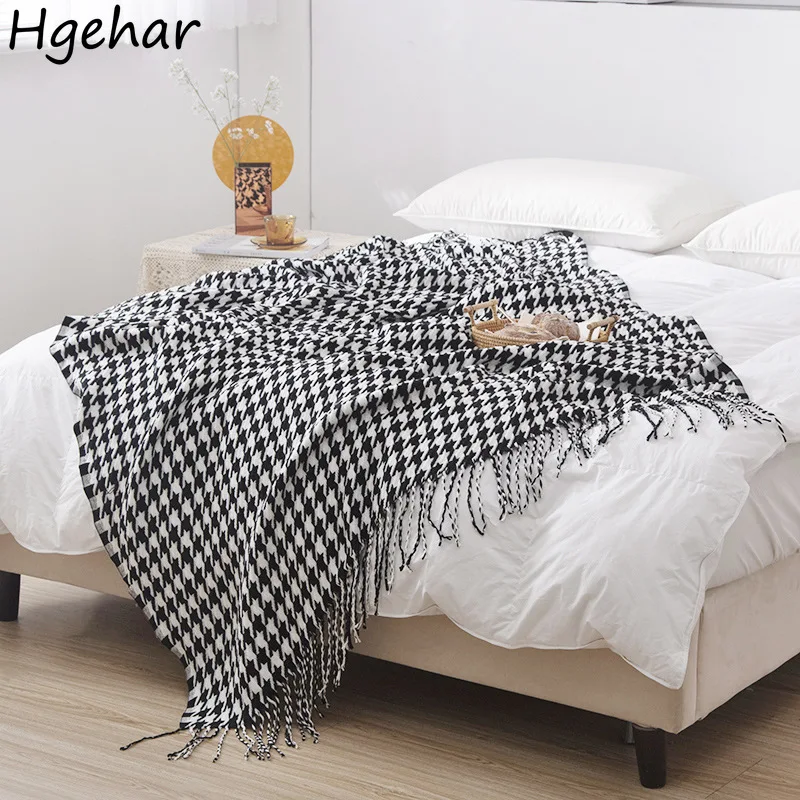 Houndstooth Blankets Vintage Tassel Korean Style Chic Design Sofa Warm Spring Midday Rest Bedroom Knitted Popular Home Textile