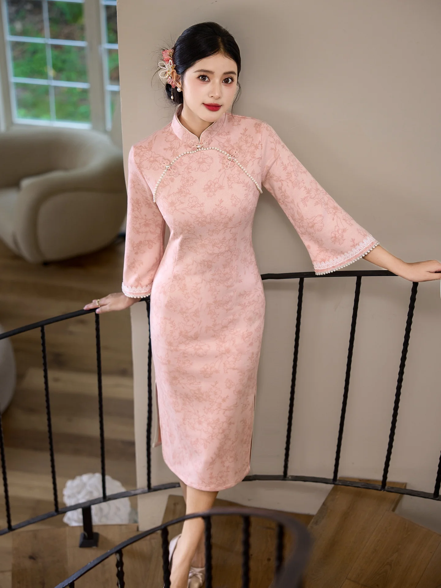 

Pink New Chinese Sle Engagement Dr Small Size Midi Dr Daily Wear Low Slit Floral Print Seven Sve Length