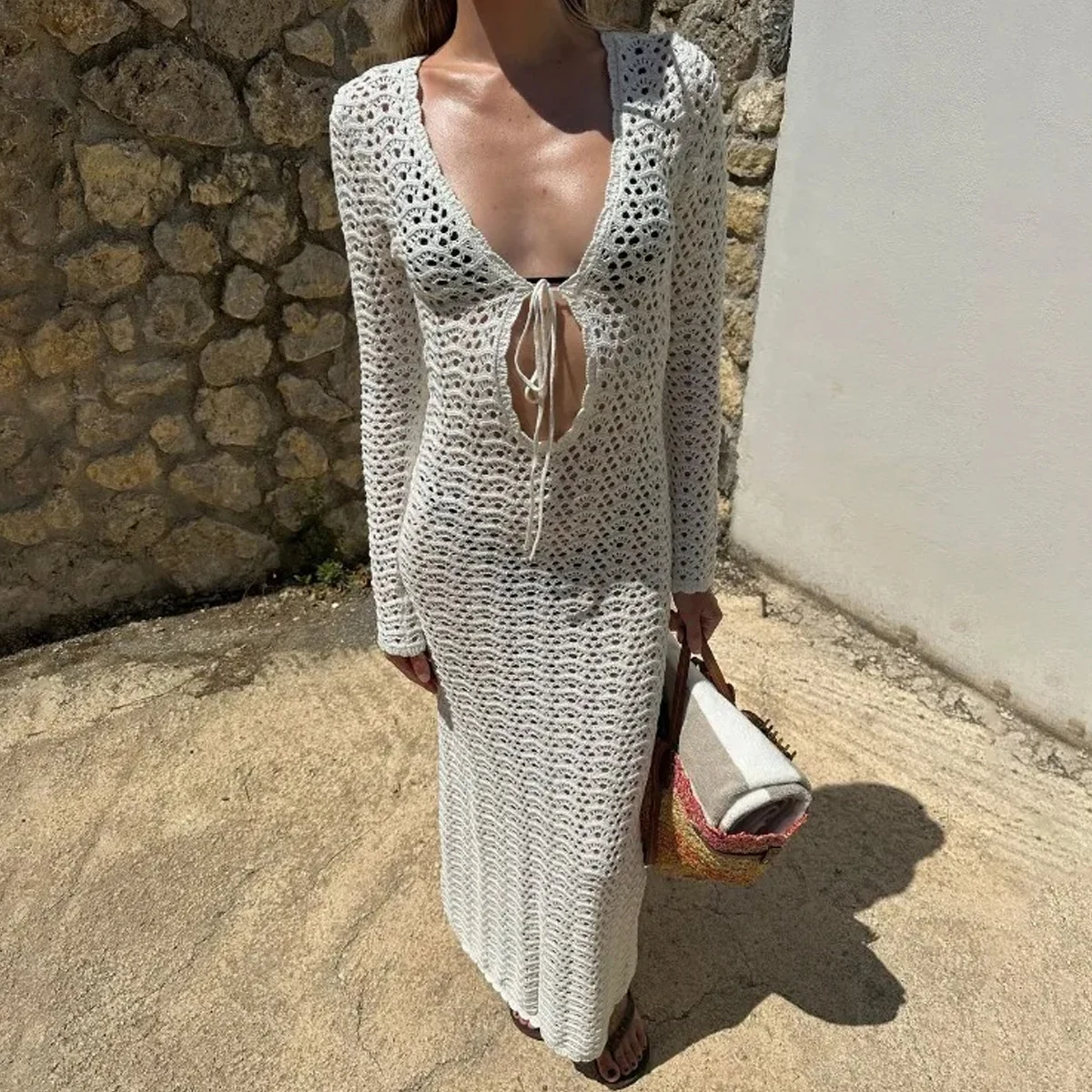 Elegantes, tailliertes Strickkleid für Damen, Strandurlaub, ausgehöhlter Langarm-Cover-Up, zum Binden, Sonnenschutz-Kittel zum Binden