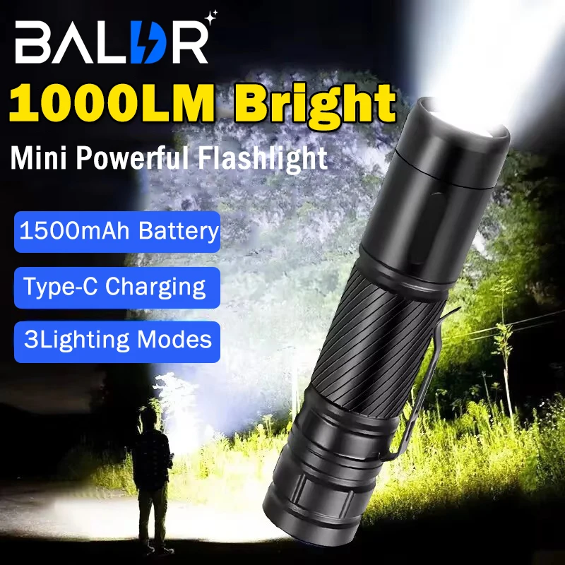 BALDR 1000LM Mini Led Flashlights USB C Rechargeable Portable Pen Clip Lantern 1500mAh IPX6 for Camping Hiking Emergency Torch