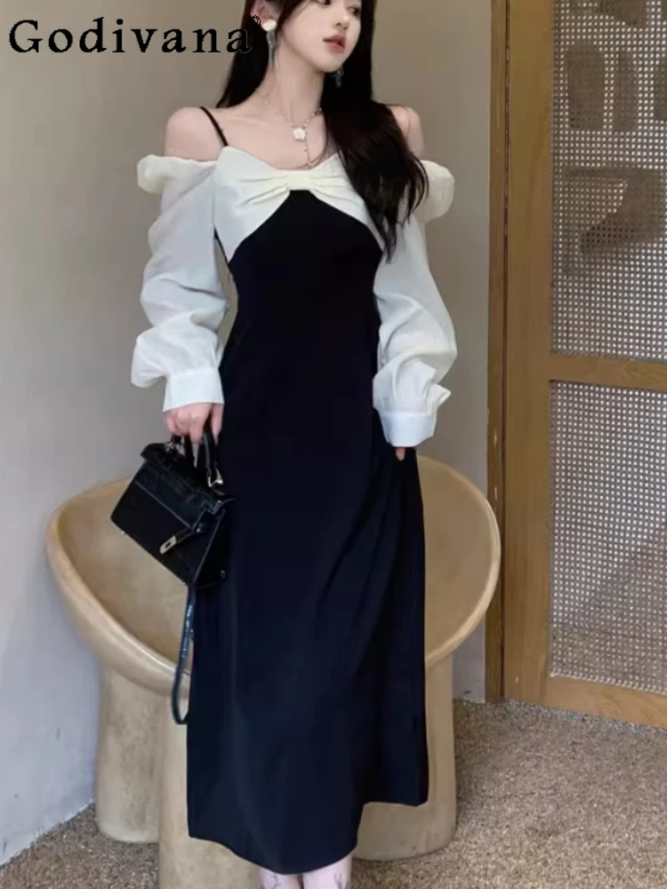 

Spring New Plus Size Women Elegant French Suspender Dress Fashion High Waist A-line Slash Neck Long Sleeve Princess Dresses