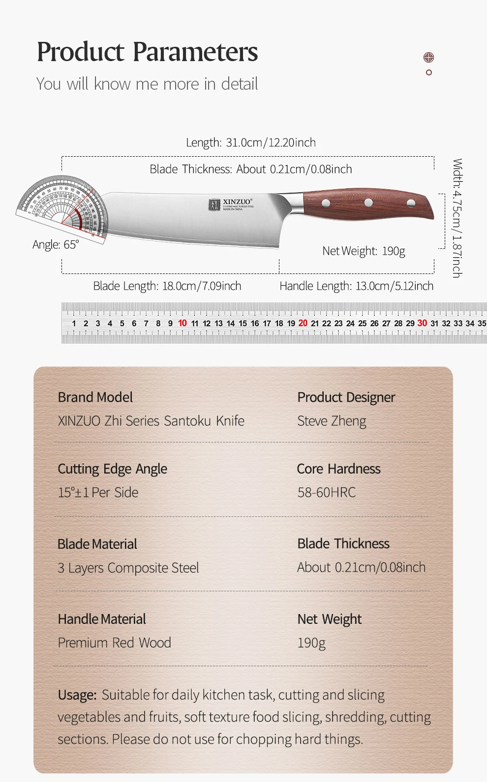 XINZUO Hochwertiges Edelstahl 7,2'' Santoku-Messer 3-Schicht-Verbundstahl Schneidemesser Küchenmesser mit Rotem Holzgriff – Detail 10