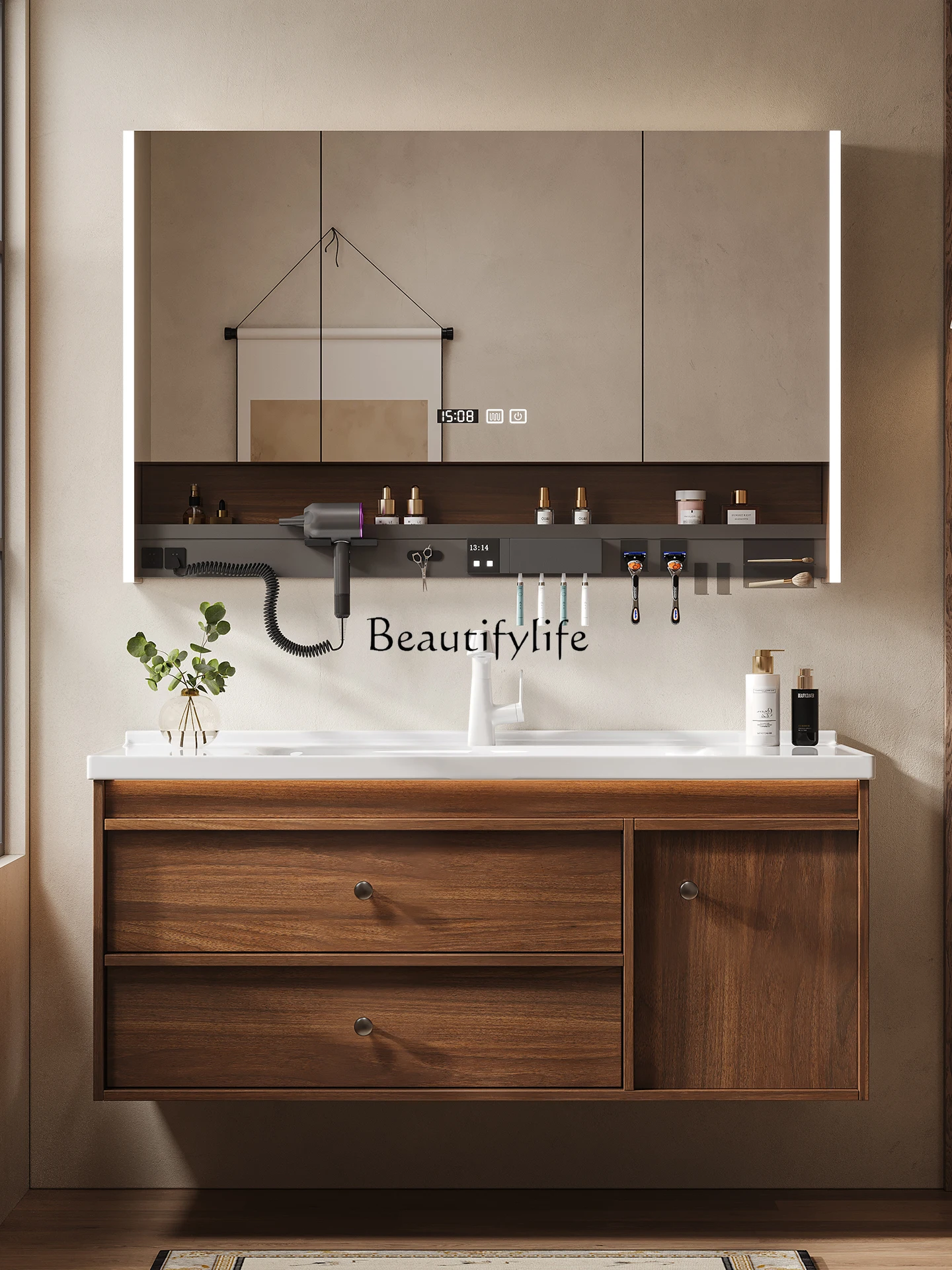 French medieval walnut color new ceramic integrated basin bathroom cabinet combination bathroom washstand
