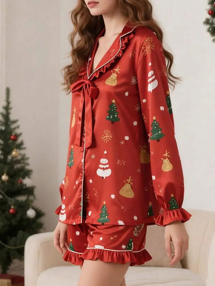 

Women Christmas Pajama Set Satin Long Sleeve Button Down Top And Shorts Holiday Lounge Wear