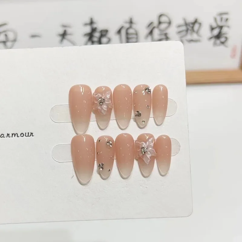 Iced Nude Gradient French Manicure 10Pcs /Set Full Cover False Nails Press on Nails Fake Nails Diy Pure Handmade Removable