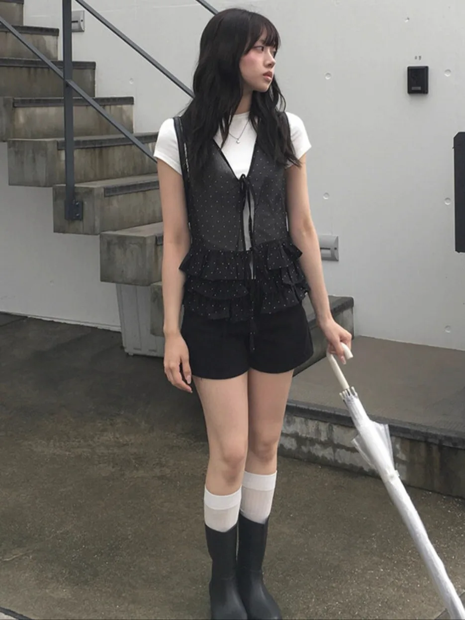 韓国風スイートポルカドット柄蝶ネクタイフリルスウェットTシャツ無地トップスデニムスカート付きレディースサマーウェア