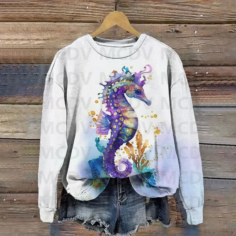 Seahorse Couple Oil Painting Art Print Crew Neck Sweatshirt 3D Printed Women Casual Pullover