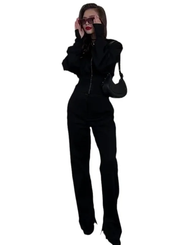 Setelan Dua Potong Celana Lurus Pinggang Tinggi Slim Fit Atasan Warna Polos Bot Kasual Pakaian Olahraga Wanita Mode Musim Semi 2025