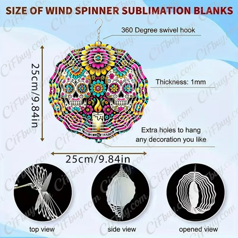 CIFBUY Day of the Dead Wind Chime Sugar Skull Floral Candle 360° Rotating Metal Spinner Outdoor Yard Porch Hanging Decor Gift