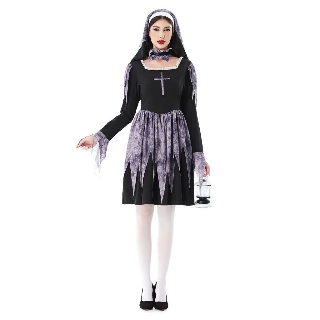 هالوين الكبار حلي تأثيري مثير الصليب فستان راهبة زي راهبة كرنفال حلي