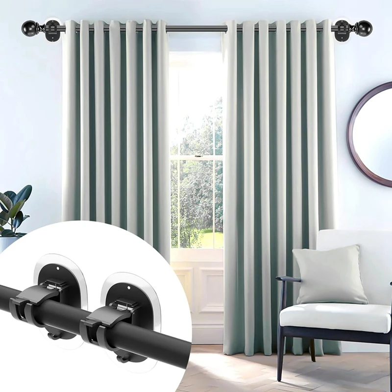 6PCS No Drilling Curtain Rod Holder Self Adhesive Curtain Rod Hooks Nail Free Adjustable